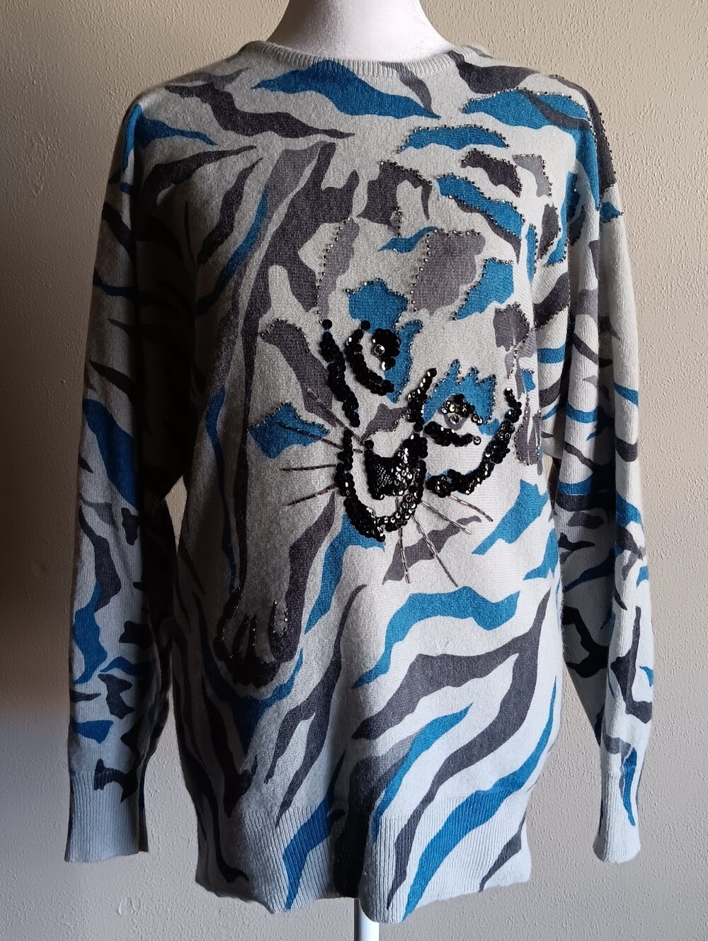 Lambswool Angora Rabbit Hair Blend **Flaw Vintage Magnolia Sequin Tiger Sweater
